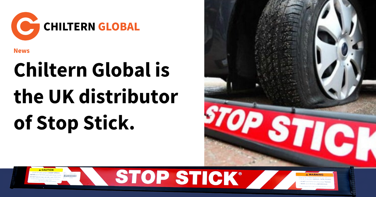 Chiltern Global is the UK distributer of StopStick. This graphic has a white background with the Chiltern Global logo and StopStick logo and a picture of a punctured tire behind a red stop stick