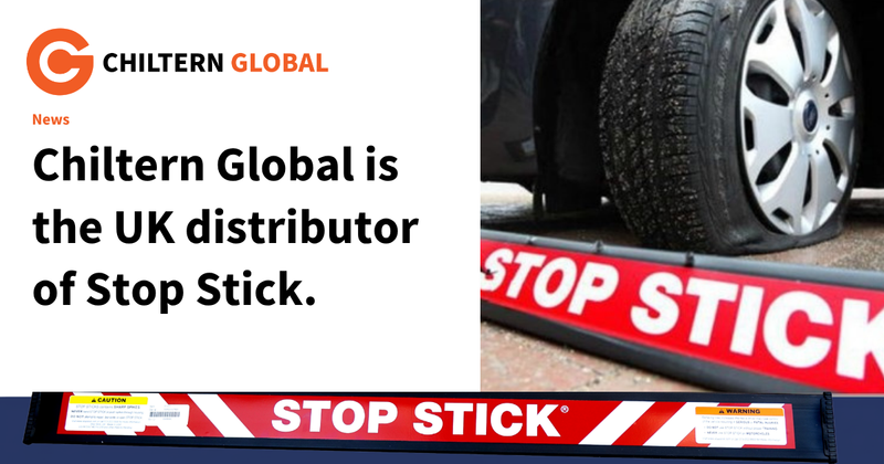 Chiltern Global is the UK distributer of StopStick. This graphic has a white background with the Chiltern Global logo and StopStick logo and a picture of a punctured tire behind a red stop stick