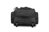 Black trolley bag bottom angle with wheels on a white background