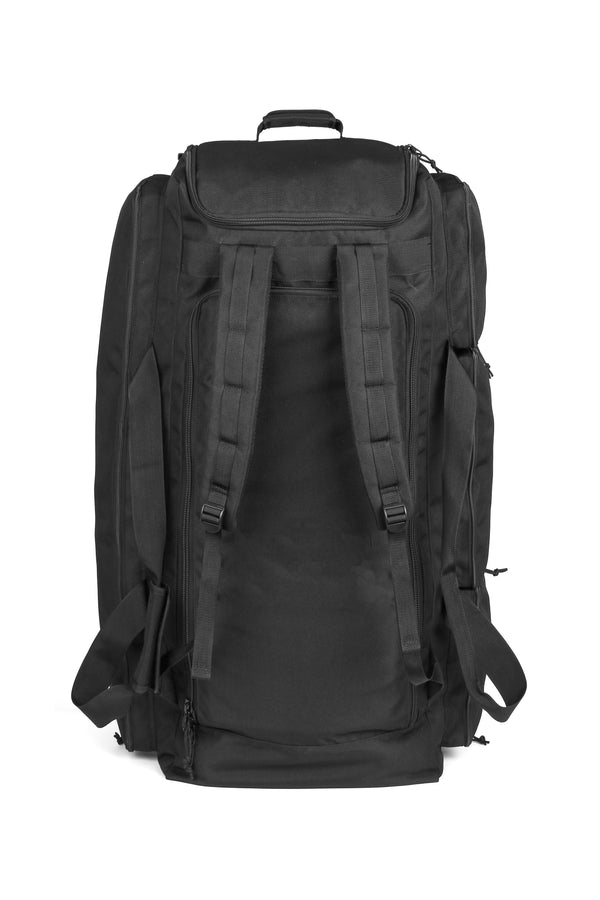 Black backpack part of trolley bag on a white background