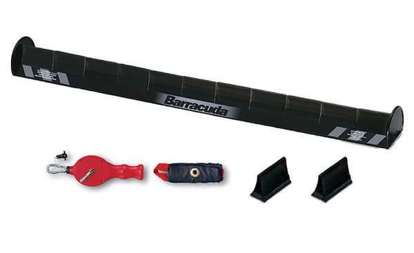 Showing a black Barracuda by Stopstick and the kit that comes with it, on a white background