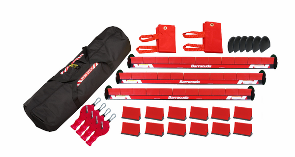 The complete Barracuda set of red and black equipment with a black carrying bag on a white background