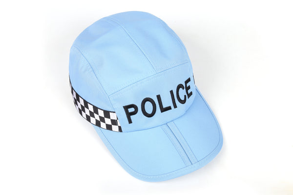 Light Blue folding police cap, displayed on a white background from a birds eye view.