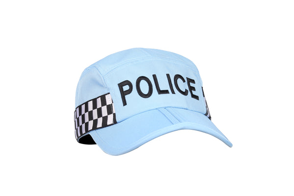Light blue folding police cap from the front, on a white background.