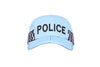 Light blue folding police cap, from the front on a white background. Some of the police cheques display to the side. Full view of the embroidered black 'POLICE' badge on the front.