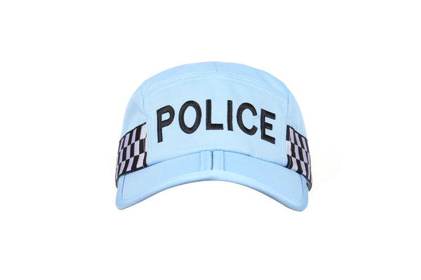 Light blue folding police cap, from the front on a white background. Some of the police cheques display to the side. Full view of the embroidered black 'POLICE' badge on the front.