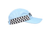 Light blue folding police cap, showing it's right side profile- displaying the black and white police chequers, on a white background.