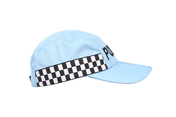 Light blue folding police cap, showing it's right side profile- displaying the black and white police chequers, on a white background.