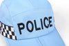 Light blue folding police cap, up close and showcasing the embroidered black 'POLICE' text on the front.