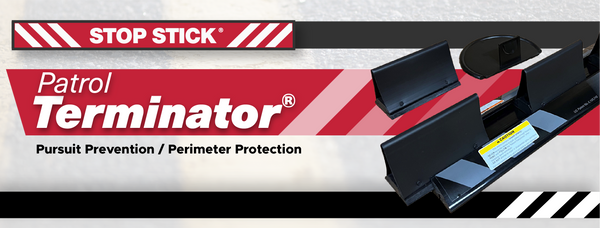 The Patrol Terminator by Stop Stick poster, on a grey background with red text boxes