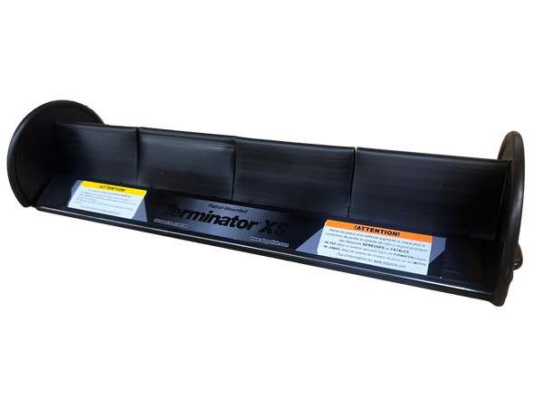 Patrol Terminator extra small by Stop Stick, showing the left side of product which displays the warning labels and embossed logo in black